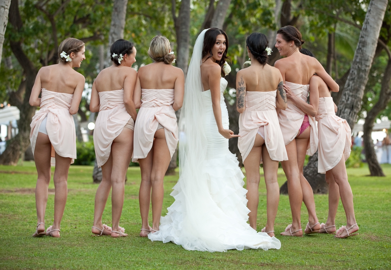 Brunette Young Bride wearing White Long Dress and Bridesmaids showing Butts